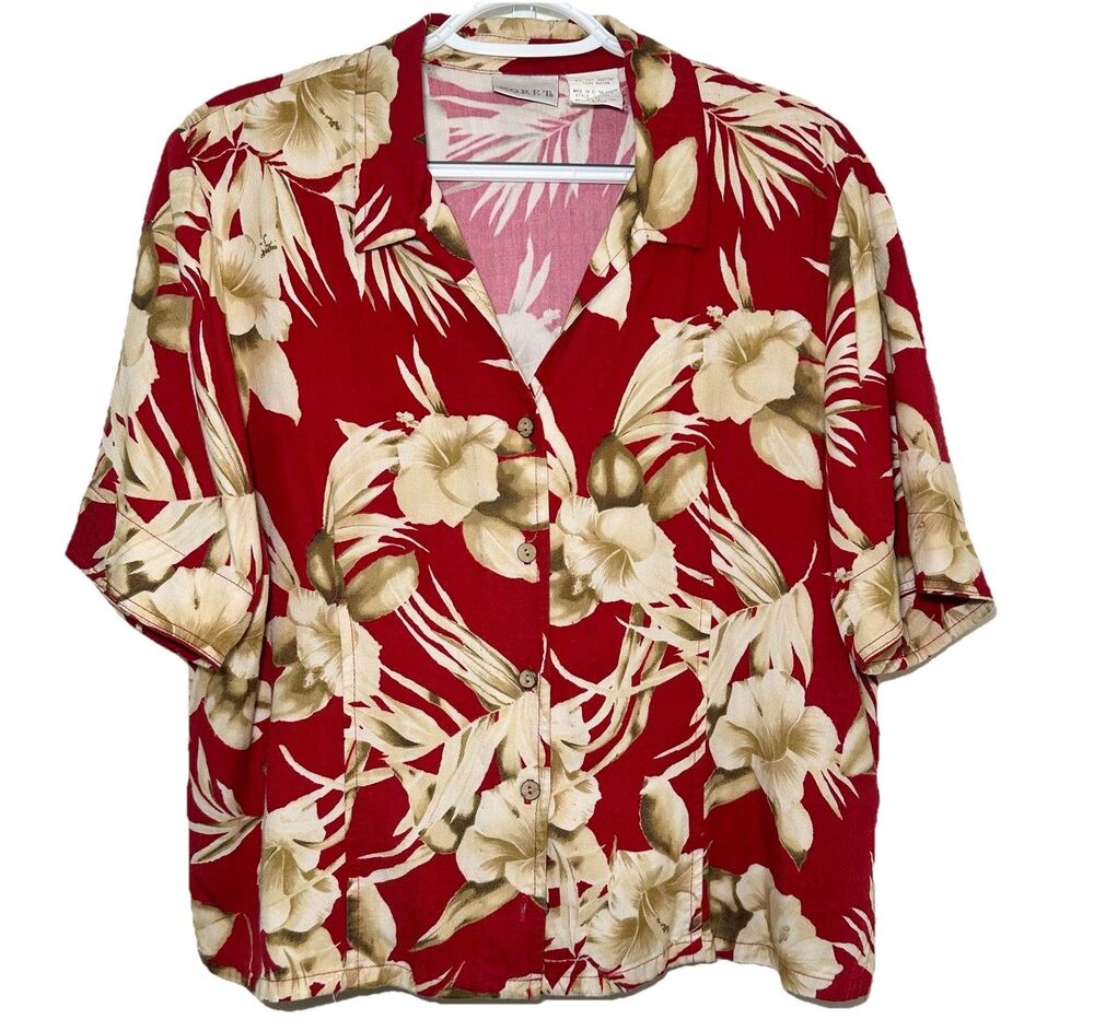 Vintage Koret Hawaiian Shirt Womens 14 Red Hibiscus Floral 100% Rayon Aloha